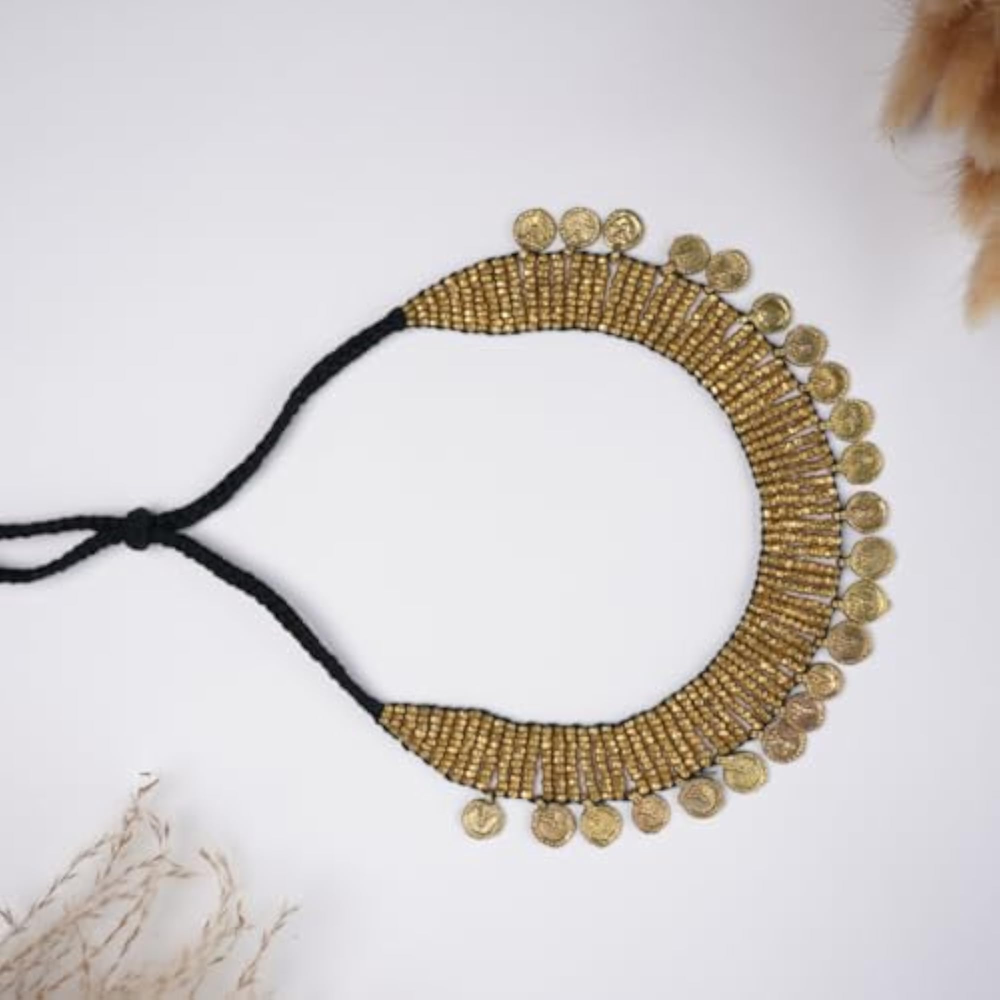 Vintage Brass Coin Necklace, Handwoven Design