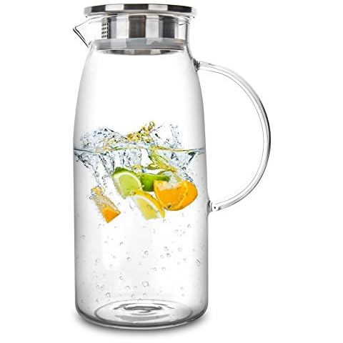 60 Ounces Glass Pitcher with Lid, Hot/Cold Water Jug, Juice and Iced Tea Beverage Carafe Cover