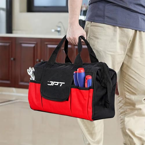 Image of JPT 13-Inch Heavy Duty Tool Bag, Wide Mouth Tool Storage Bag with Interior Pockets, Large Capacity Tool Tote Bag for Electricians, Power Tools Organizer Red /Black