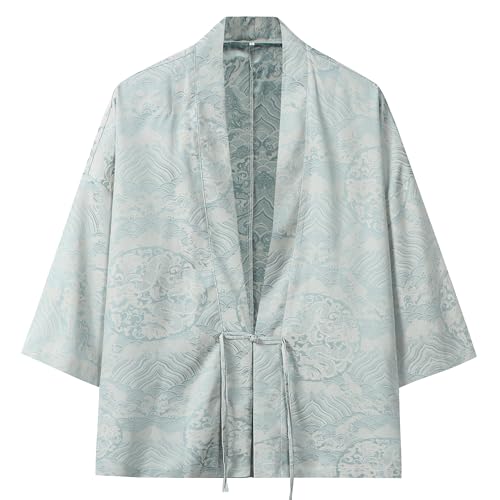 Image of Mens Japanese Kimono Cardigan Cotton Linen Haori Fashion 3 /4 Sleeve Yukata | Shawl Collar Kimono Jacket Robe Embroidery Patchwork Happi Coat Tie Pockets Lightweight Outerwear Daily Casual All Seasons