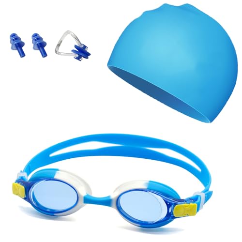 SNZ Occhialini Nuoto Bambini 4 Pezzi con Cuffia, Fermanaso e Tappi - Set Completo Piscina con Lenti Anti-UV e Anti-Appannamento, Cintura Regolabile in Silicone Morbido per Bambini 3-12 Anni