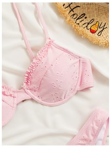 SOLY HUX Women's Bikini Set Eyelet Embroidered Underwire Frill Trim High Cut Bathing Suit 2 Piece Swimsuit3