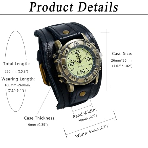 Avaner Vintage Leather Watches, Retro Punk Cuff Watch, Wide Band Quartz Watches for Men and Women