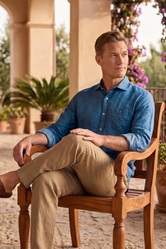 Image of Louis Philippe Men's Linen Blend Solid Shirt with Soft Handfeel & Naturally Antibacterial Finish - Holiday Wear
