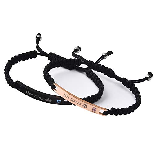 ULATREE Couples Bracelets Personalized Matching Bracelets for Couples Rope Braided Custom Bracelets Nameplate ID His and Her Bracelets (His Queen & Her King- (1 Pair))