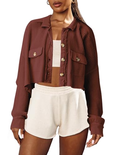 Image of Panadila Women's Cropped Waffle Knit Shacket Short Button Down Jacket Batwing Sleeve Shirts with Pocket