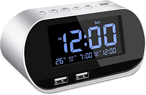 Alarm Clock Radio,FM with Sleep Timer,Dual USB Ports for Charging,Dual Alarms,Digital Display with Dimmer,Snooze,Thermometer for Bedrooms,Adjustable Volume,Gift for Kids,Heavy Sleepers (White)