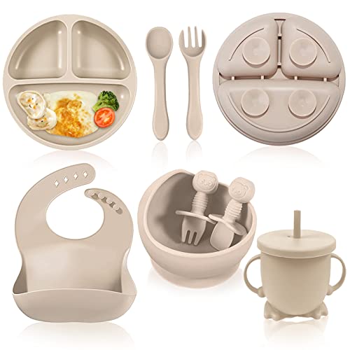 Image of ANAVIL Silicone Baby Feeding Set - 8Pcs Baby Led Weaning Supplies Toddlers Weaning Feeding Sippy Cup with Straw and Lid Baby Feeding Supplies Set