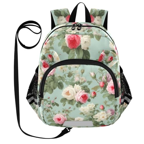 Roses Flowers Green Leaves Toddler Harness Backpack for Boys Girls 3-6 Years Kids Backpack with Anti Lost Safety Leash Baby Harness Bookbag for Preschool Walking Travel