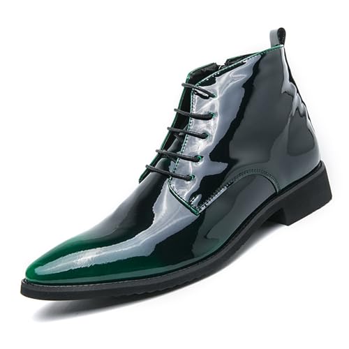 Men's Patent Leather Pointed Toe Chelsea Dress Boots Fashion Lace-up Luxur Side Zipper Chukka Boots High Top Waterproof Shiny Business Formal Oxford Ankle Boots