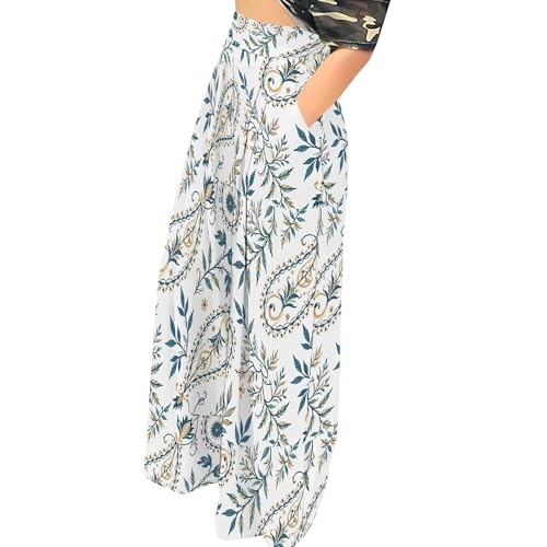 Womens Casual Boho Floral Wide Leg Pants Loose Fit High Waist Solid Color Print Pleated Palazzo Pants with Pockets2