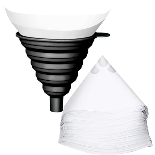 Eruceky 50 Piezas Papel Filtro De Pintura con 1 Embudo de Silicona Plegable Accesorio, Filtros de Pintura, Coladores de Filtro de Pintura Desechables de Papel, para Filtro De Aceite De Cocina