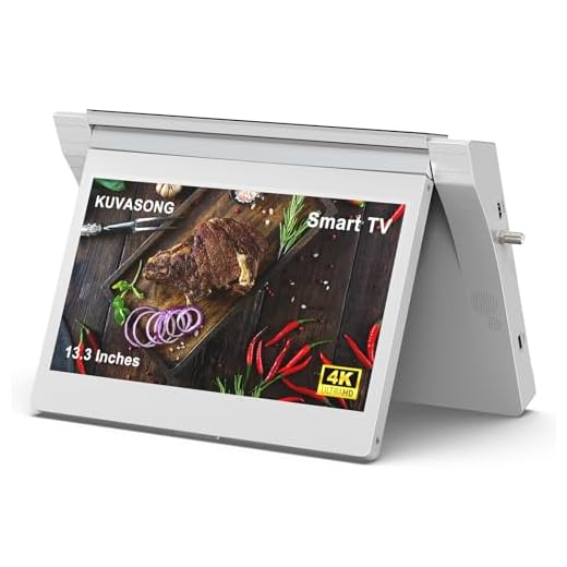 KUVASONG 13.3 Inches Flip Down Smart Kitchen TV, 4K Resolution, Full Viewing Angle Under Cabinet Kitchen TV, White Color (KVS133KT-W, 2024 Model)