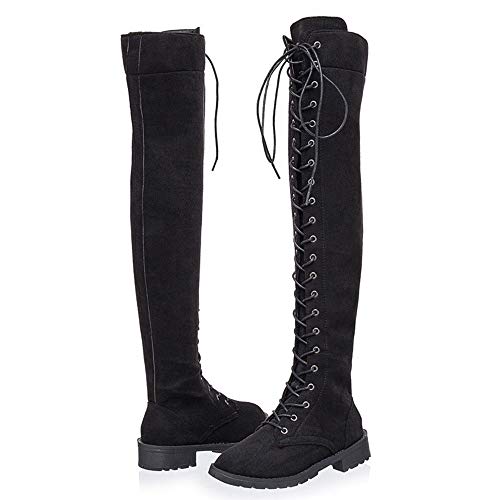 YING LAN Women's Over The Knee Low Heel Lace Up Tall Boots3