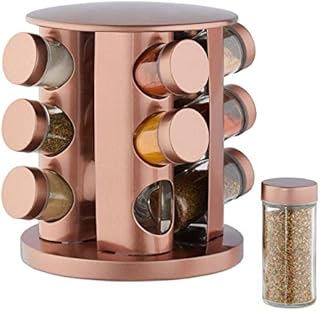 Relaxdays Spice Carousel with 12 Jars, 360° Rotation, Clear Spice Shakers, Stainless Steel, Copper