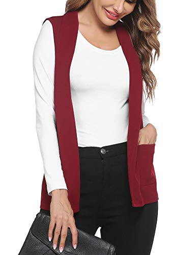 Womens Long Vests Sleeveless Draped Lightweight Open Front Cardigan Layering Vest with Pockets Wine Red M
