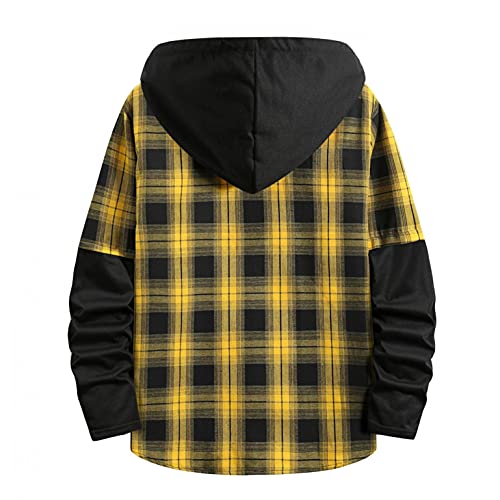 WUAI-Men Plaid Flannel Hoodie Jacket Long Sleeve Casual Button Up Quilted Buffalo Thermal Sweatshirt Fall Winter Outwear(Yellow,Small)2