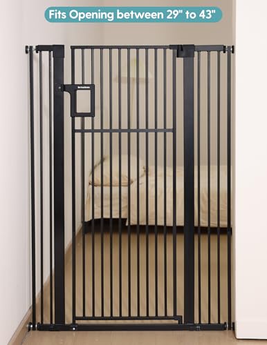 No Pawblems Upgraded 55" Extra Tall Pet Gate for Cat, 29-43" Auto Close Cat Gate for Doorways/Stairs/Hallways, NO Drilling Pressure Mounted Tall Dog Gate Indoor, 1.37" Pet-Safe Gap, Black