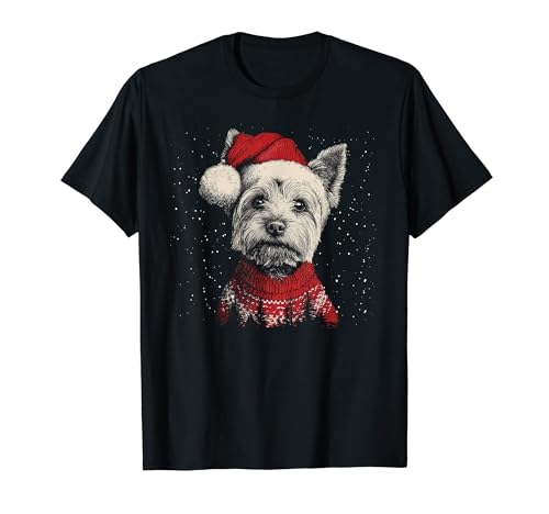 クリスマスのお祝いのクリスマスヨークシャーかわいいサンタ犬デザインホリデー Tシャツ