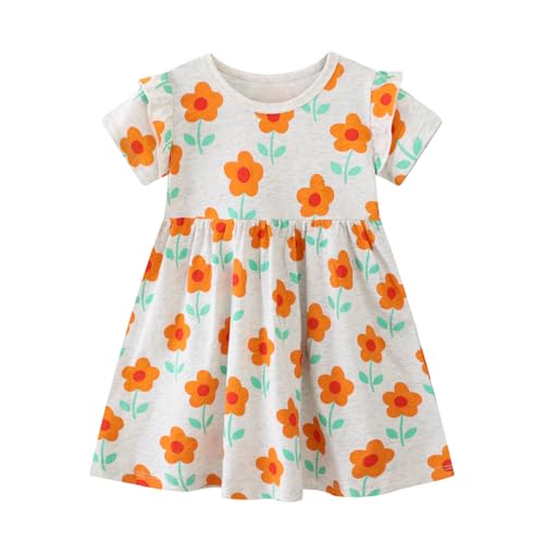 AMIYAN Toddler Girls Cotton Dress Short Sleeve Summer Sundress Casual Cartoon Print Dresses for Girls 2-6 Years