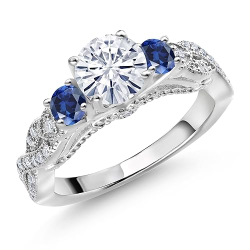Gem Stone King 1.35 Cttw White Moissanite and Blue Created Sapphire Engagement Ring For Women | 925 Sterling Silver | Round 6MM and 3MM | Available In Size 5, 6, 7, 8, 9