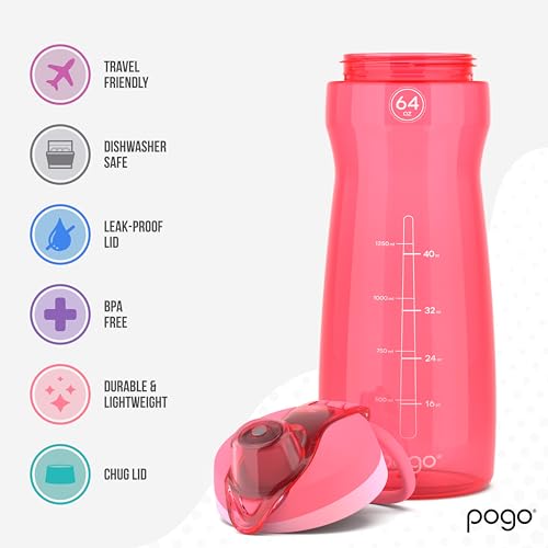 Image of Pogo 64oz Plastic Water Bottle with Leak-Proof Chug Lid and Carry Handle, Reusable, BPA Free, Capacity Markings, Dishwasher Safe, Perfect for Travel, School, Outdoors, and Gym, Pink