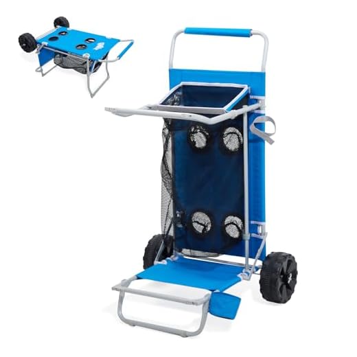 Old Bahama Bay Beach Cart with Big Wheels for Sand, Collapsible Utility Folding Beach Wagon with Four Cup Holders, Big Mesh Storage Capacity for Outdoor Camping Shopping, Supports 100lbs, Blue