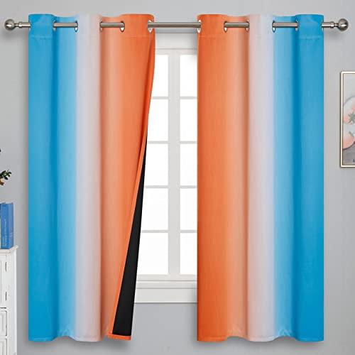 Ombre Orange and Blue Curtains 63 Inch Length 2 panels, Total Blackout Curtains for Bedroom, Grommet Thermal Insulated Gradient Drapes, Full Light Blocking Curtains for Boys Room, 42x63 Inch