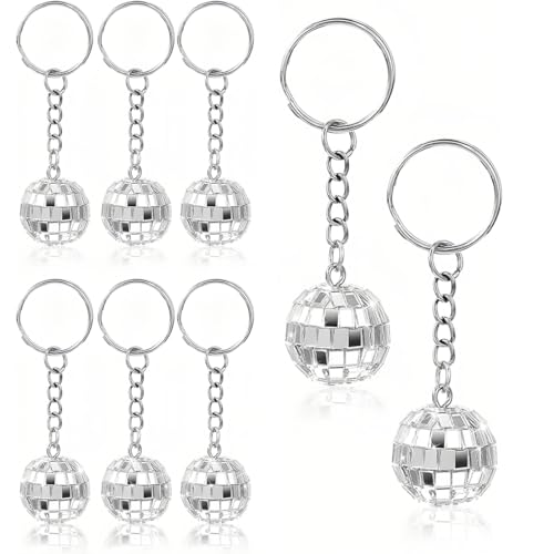 WUMZIRA 8 llaveros de bola de discoteca, llavero de fiesta de los años, llavero de bola de espejo plateado, suministros de fiesta de los años, juego de recuerdos de fiesta de Halloween y Navidad