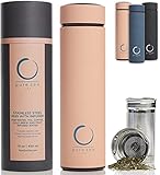 Pure Zen Tea Thermos with Infuser - Stainless Steel Insulated Tea Infuser Tumbler for Loose Leaf Tea, Iced Coffee and Fruit-Infused Water - Leakproof Tea Tumbler with Infuser - 15oz - Pink