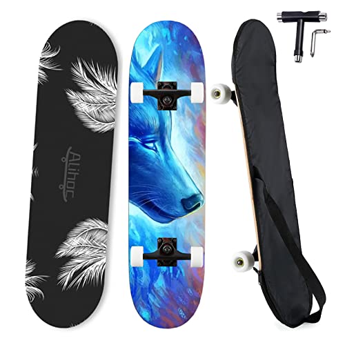 31 Zoll Standard Skateboard, 7 Lagen Ahorn Board Oberfläche, geeignet für Kinder, Jugendliche, Erwachsene, Anfänger und Profis, mit Einer maximalen Belastung von 150 kg-Wasserwolfskopf