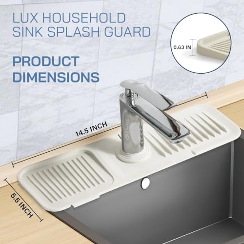 Image of Silicone Faucet Handle Drip Catcher Tray - Self-Draining Kitchen Sink Splash Guard with Adjustable Coil Opening - Sink Faucet Mat with Cleaning Towel (Ivory)