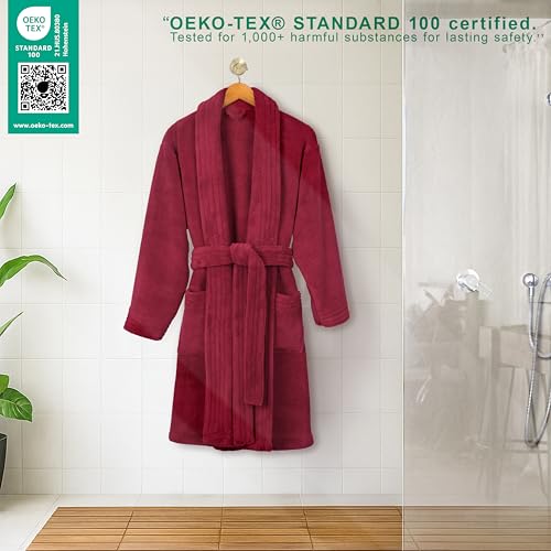Image of American Soft Linen Women's Fleece Bathrobe - Luxury Soft, Plush, Fuzzy & Warm Turkish Robe for Women, Cozy Spa Quality Adult Bathroom Lounge Robe, Red L