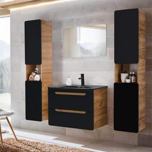 Lomadox Ensemble complet de meubles de salle de bain en chêne Wotan avec lavabo en céramique, miroir LED, 2 placards hauts Anthracite satiné 80 cm
