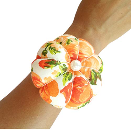 CUSHYSTORE 2X Orange Purple Wrist Arm Flower Floral Garden Pin Needle Cushion Pincushion Wearable Pumpkin Sewing Holder Safety with Adjustable Elastic Band for Girl Women Gift