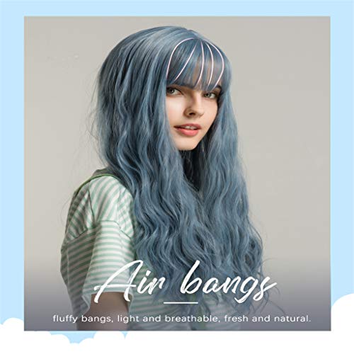 24 '' Moda Feminina Peruca Longa Cheia W/Bangs Curly Ondulado Cosplay Festa Peruca Azul