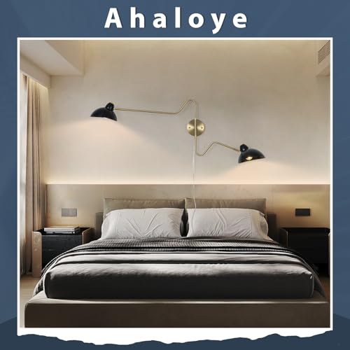 Image of Black and Gold Plug in Wall Sconce, 2-Light Swing Arms Wall Lamp with Plug Cord Big Wall Mount Lighting Fixture for Living Room Bedroom