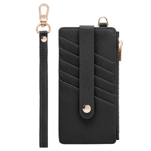 M-Plateau Women's Wallets, Credit Card Wallet with Wristlet Strap, RFID Blocking Slim Clutch Purses for Women with Zipper Pocket (Black)
