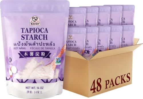 Image of 52USA Tapioca Starch, 14oz*48, Tapioca Flour (397g*48 Packs), Gluten Free, Kosher, Vegan, No Preservatives, All Natural, Thickener for Soups, Gravies, Baking and Cooking, 1 Box