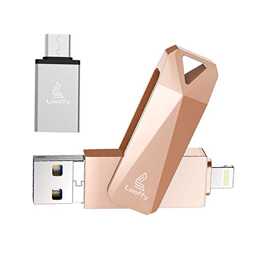 Looffy 3in1 USBメモリ iPhone フラッシュドライブ 128GB 大容量 小型 高速転送 ストラップホール付き キャップ紛失防止 1本3役 iPhone Android パソコン 対応 USBメモリー Type- C変換アダプタ 日本語説明書付き(128, ピンクゴールド)