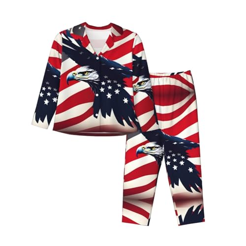 XTYGETY Conjunto de pijama de manga larga con estampado de águila y bandera americana para mujer, conjunto de pijama de 2 piezas acogedoras, Negro, XXL