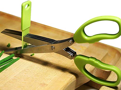 Herb Scissors Set – Multipurpose Cutting Shears with 5 Stainless Steel Blades, Jute Pouches, and Safety Cover with Cleaning Comb – Cutter/Chopper/Mincer for Herbs – Kitchen Gadget