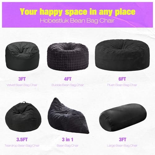 Image of Hobestluk 3FT Bean Bag Chair Large Beanbag with Removable Cover Adult Bean Bag Chair with Portable Handle Desgin for Living Room Bedroom (Black, 3FT)