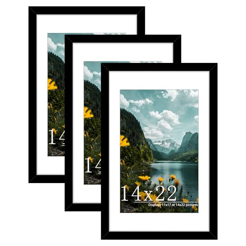 Picrit 14x22 Picture Frame 3 Pack, Black Poster Frame, Display Poster 11 x 17 with Mat or 14 x 22 without Mat for Horizontal or Vertical Wall Mounting