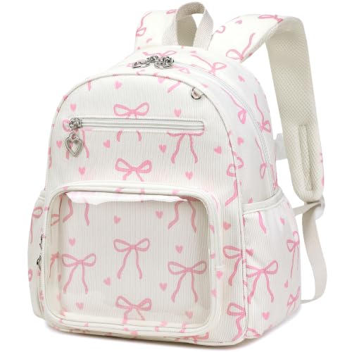 LEDAOU Mochila infantil para meninas e meninos de 2 a 4 anos, linda mochila infantil pré-escolar de 30,5 cm com bolso transparente, Bolso frontal transparente - laço rosa Love, Toddler-12'h(not Fit