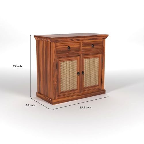 Image of Solid Sheesham Wood Sideboard Cabinet with Cane Woven Doors 2 Rack and 2 Drawers | Wooden Storage Cabinet for Living Room & Dining Room (Honey Finish)