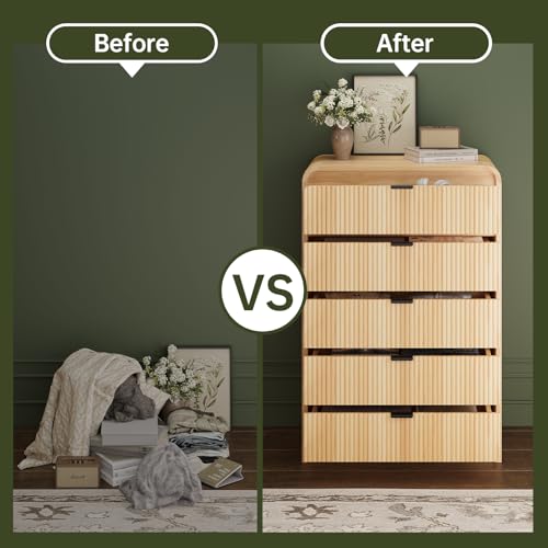 FURSUN Fluted 5 Drawers Dresser for Bedroom, 48" Tall Wooden Modern Dresser with Metal Handle, Curved Profile Design, Storage Organizer for Living Room, Hallway (Natural Oak)
