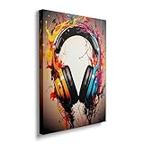 Framed Banksy Graffiti Colorful DJ Headphone Earphone Music Canvas Wall Art Funny Cool Gaming Headset Decor Poster For Living Room Bedroom Home Office Artwork Gift Ready To Hang (16x24 Inches)