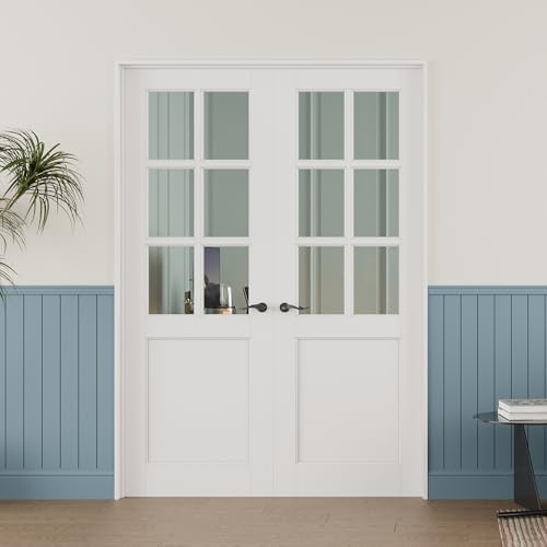 48'' x 80'' (Double 24x80) 6-Lite French Interior Doors, Clear Glass Slab Door for French/Pocket Doors, Solid Core Interior Glass Door for Bedroom/Closet/Pantry, w/o Hardware, Jamb or Borehole