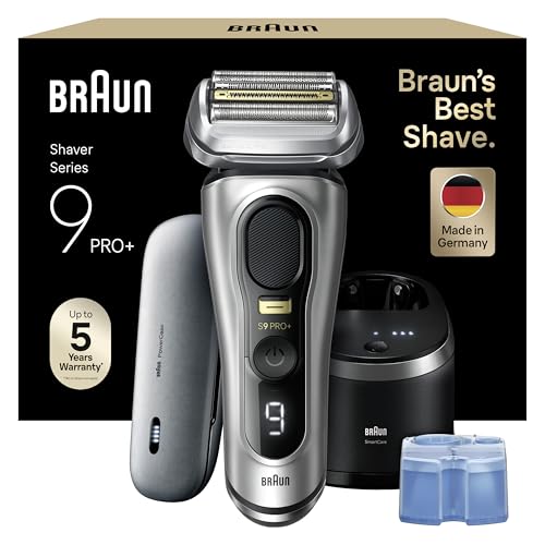 Braun Series 9 Pro+ Rasierer Herren Elektrisch, Elektrorasierer mit 5+1 Ultradünnen Präzisionsklingen, Rasierapparat & Reinigungsstation, Ladeetui, 60 Min Akku, Made in Germany, 9577cc, Silber